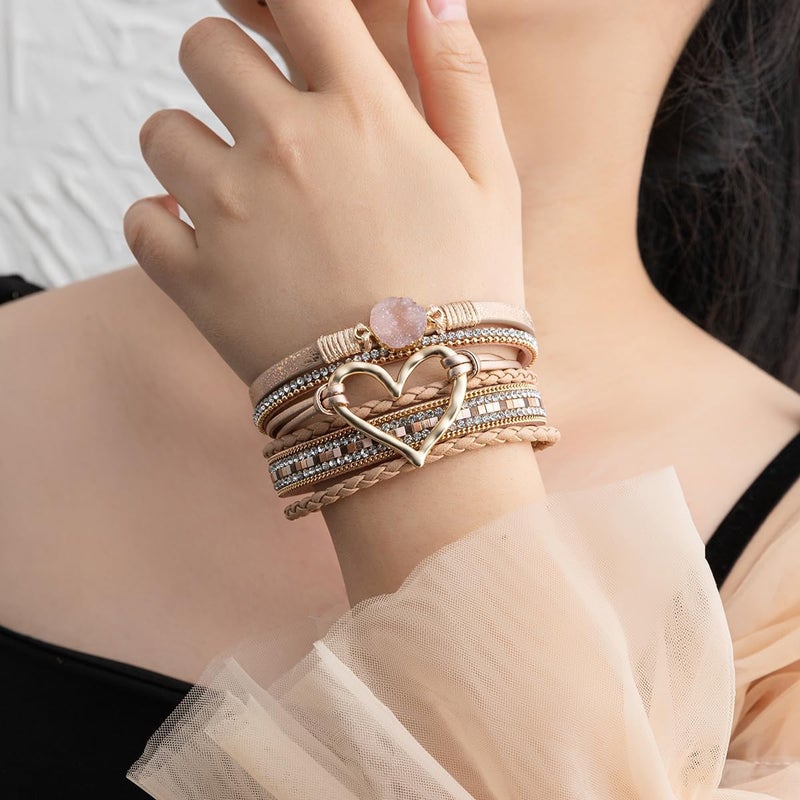 Rantanto Braid Leather Wrap Bracelet Trendy Stackable Crystal Cuff Boho Gold Heart Bracelet Jewelry Gift For Women - Image 2